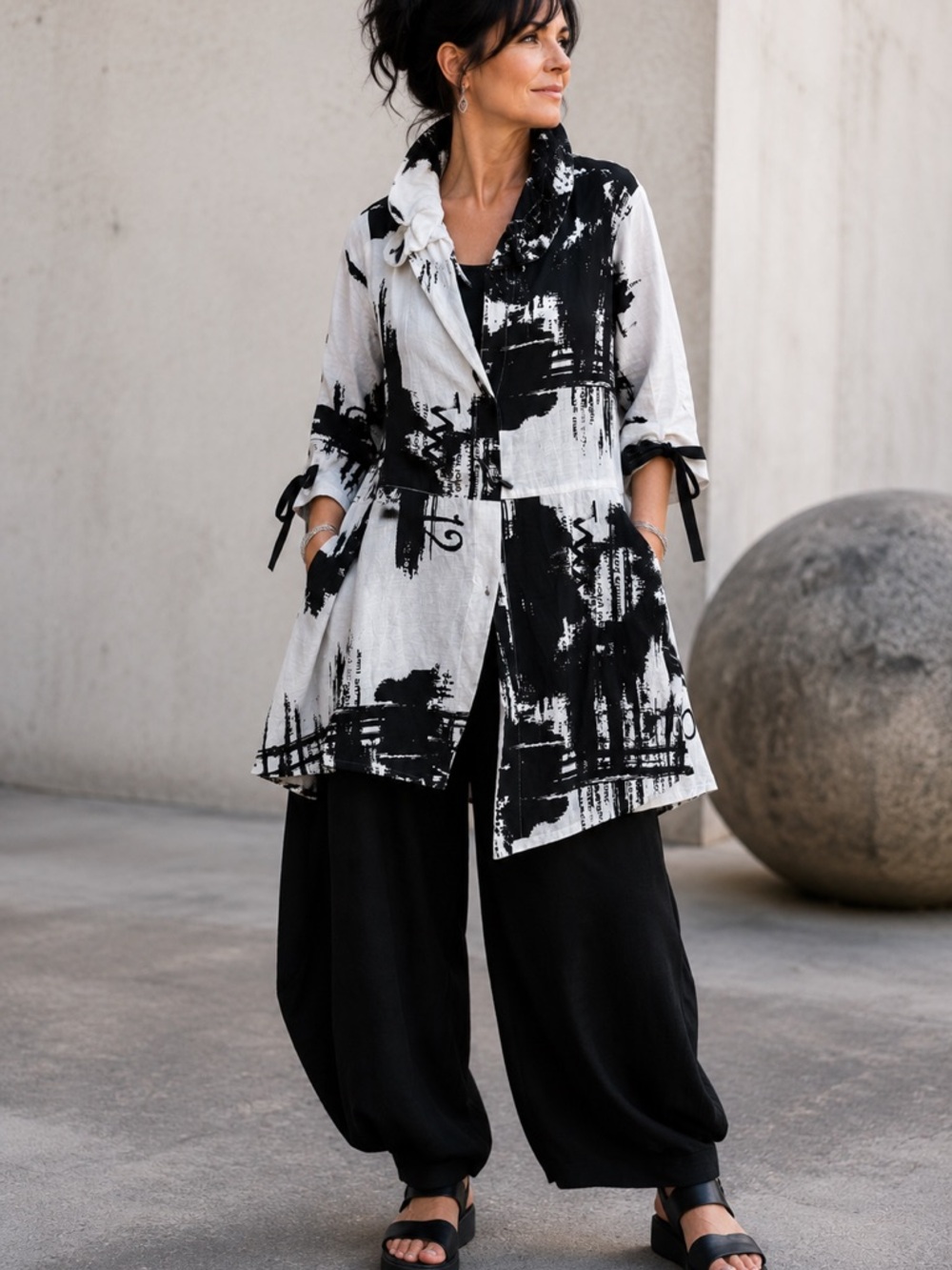 Moonlight Wearable Art Jacket Tunic Black White Abstract Lagenlook Made USA S
